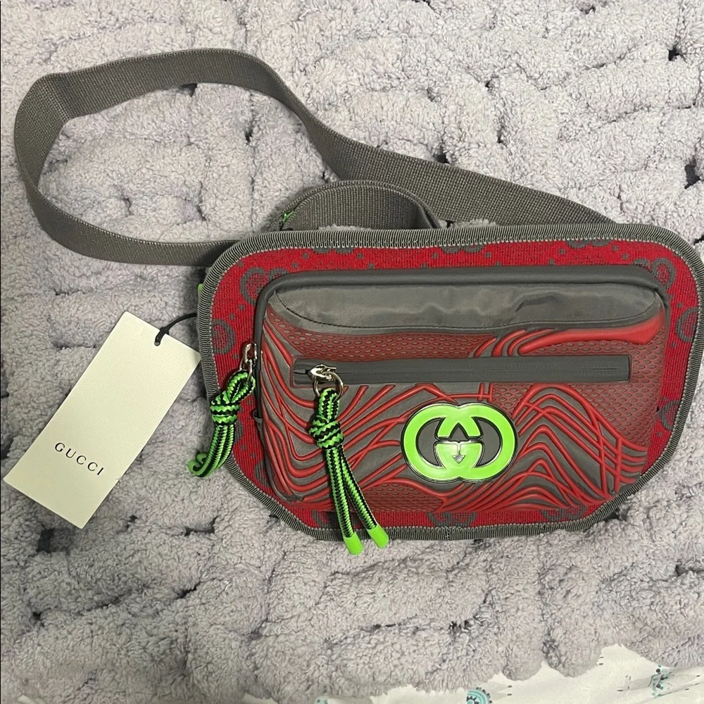 Gucci Red and Gray Belt Bag with Green Accents